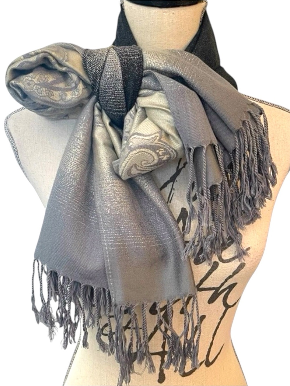 Silver/Grey Ombre Paisley Fringe Scarf Wrap